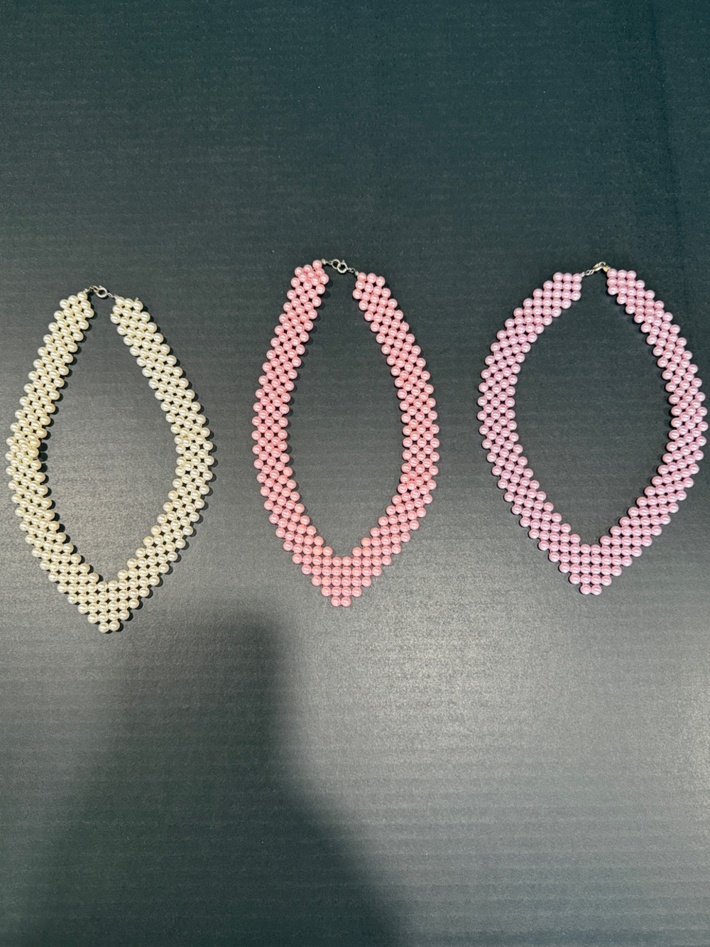 Set of 3 Vintage Beaded Choker Marquise Necklaces - Pink, white, light purple
